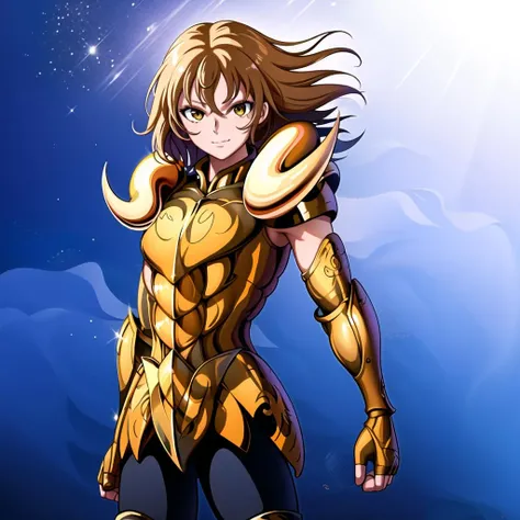 masterpiece, best quality, highres, solo, 1girl, subtle smile, detailed background,standing in front of a picturesque landscape,medium breasts,aaritsuka, short hair, ahoge, hair scrunchie,fingerless gloves ,pauldrons,(gold armor:1.5), <lora:aries:0.9>, <lora:fujimaru_ritsuka_(female)_v1:0.9>,aries,shoulder armor
