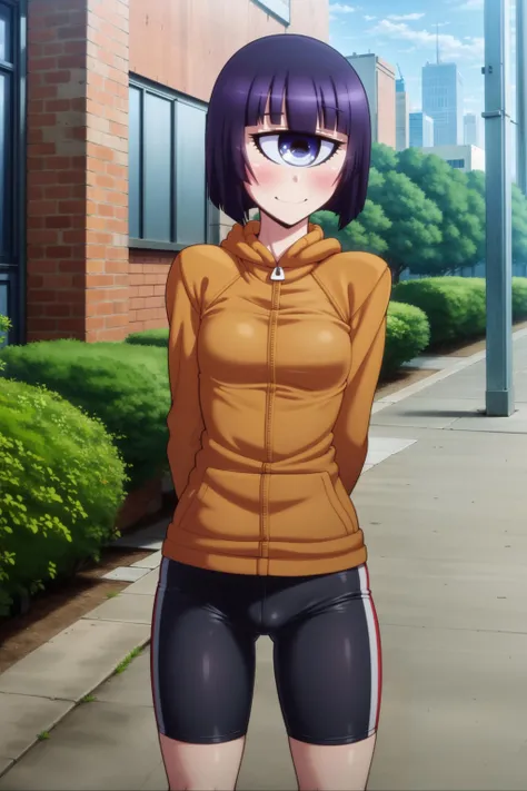 <lora:adjatha:0.6>, 1girl, solo, <lora:manako-monmusu:0.9>, manako, (monster girl, cyclops:1.1), smile,small breasts,blush, outdoors, city, cowboy shot, standing, arms behind back, hoodie, bike shorts,