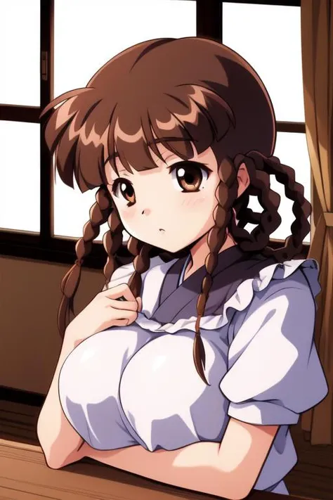 <lora:Watanuki_Yumiko:0.8>,  WatanukiYumiko, 1girl, soro, brown_hair, brown_eyes, hair_rings,   braid, twin_braids,  bangs, room, window,
large_breasts
masterpiece, high quality, very_high_resolution, large_filesize, full color,