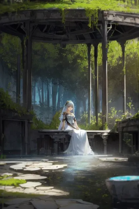 1girl, beautiful woman, she is sitting in abandoned metallic Framing Construction with water floor and moss and humid and plant and colorful flowers garden, wet, wettings, sunlit, blue sky, close up