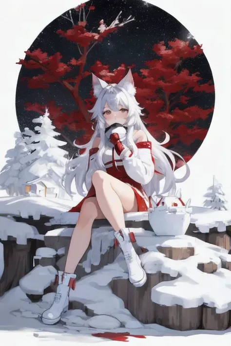 1girl, beautiful woman, she is sitting Igloo house, red wolf, red tree covered snow, red winter cloth
