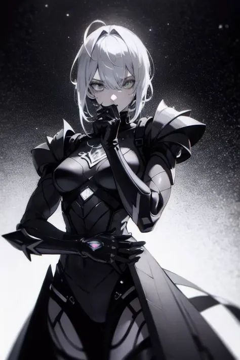 girl, cyberpunk augmentation, cyberware, iridescent cyborg, carbon fiber, chrome, chromatic, implants, metall skull, bloody, cyber plate armor, dark atmosphere, dark night, scars, (black short disheveled hair:1.1), iridescent eyeshadow, beautiful detailed glow, detailed, Cinematic light, intricate detail, highres, rounded eyes, detailed facial features, high detail, sharp focus, smooth, aesthetic, extremely detailed, insanely detailed and intricate industrial factory background, slim body, stylish pose,