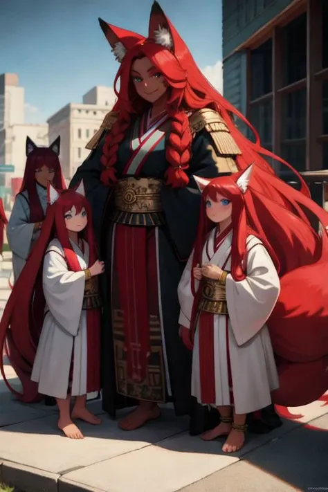 (masterpiece, best quality:1.5), (ultra realistic:1.5), (high detailed skin:1.1), 8k uhd, very high quality, (extremely detailed face:1.5), (very muscular:1.5), (mother and her identical quadruplet girls:1.5), (5girls:1.5), (insanely dark skin:1.5), (extremely dark-skinned Egyptian-Japanese woman and 4 identical girls:1.5), (smile:1.5), (full body:1.5), (intricate golden bracelets and anklets:1.5), (barefoot:1.5), (amazingly bright blue eyes:1.5), (absurdly long ruby red hair:1.5), (super long ruby red hair:1.5), (fox tails and ears:1.5), (city background:1.5)