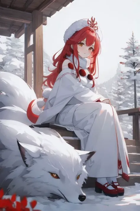 1girl, beautiful woman, she is sitting Igloo house, 9-tail fox, red tree covered snow, red winter cloth