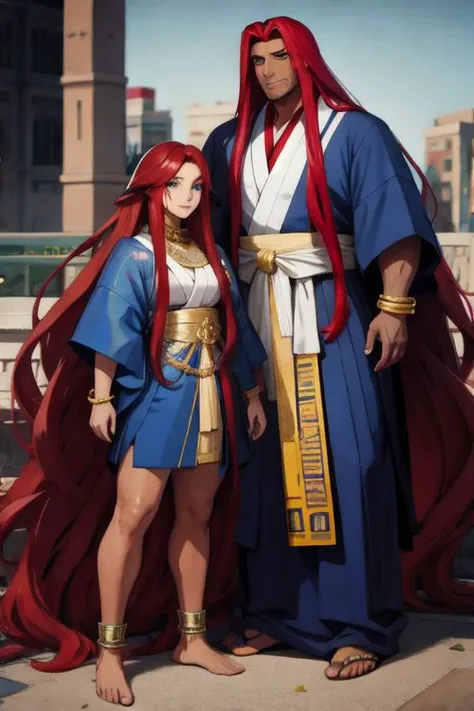 (masterpiece, best quality:1.5), (ultra realistic:1.5), (high detailed skin:1.1), (8k uhd:1.5), (very high quality:1.5), (extremely detailed face:1.5), (muscular:1.5), (husband and wife together:1.5), (insanely dark skin:1.5), (extremely dark-skinned Egyptian-Japanese man and woman:1.5), (smiling:1.5), (full body:1.5), (intricate golden bracelets and anklets:1.5), (barefoot:1.5), (amazingly bright blue eyes:1.5), (absurdly long ruby red hair:1.5), (super long ruby red hair:1.5), (city background:1.5), (realistic body proportions:1.5)