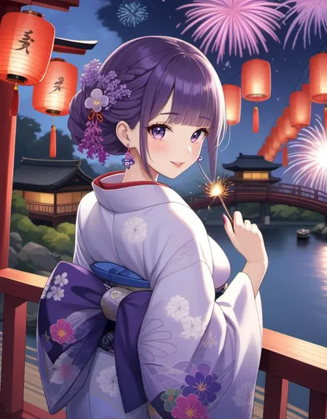 1girl,japanese clothes,kimono,hair ornament,long hair,purple hair,purple eyes,mole,braid,flower,solo,mole under eye,fireworks,looking at viewer,hair flower,umbrella,bangs,floral print,oil-paper umbrella,parted lips,east asian architecture,architecture,holding,purple flower,purple nails,nail polish,eyebrows visible through hair,sash,lantern,obi,night,outdoors,braided ponytail,single braid,wide sleeves,smile,sparkler,from side,print kimono,earrings,tassel,sky,long sleeves,upper body,yukata,breasts,paper lantern,statue,ribbon,building,looking to the side,jewelry,blush,white kimono,railing,hand up,blue flower,bridge,wind chime,blunt bangs,tree,blue nails,makeup,mitsudomoe \(shape\),night sky,blue kimono,water,tomoe \(symbol\),large breasts,light particles,very long hair,kanzashi,alternate costume,back bow,aerial fireworks,wisteria,blurry,stone lantern,long braid,fingernails,shiny,bow,shiny hair,looking back,obiage,sidelocks,pagoda,lips,open mouth,lamp,holding umbrella,