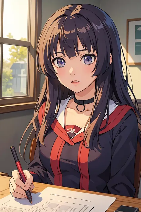 anime girl sitting at a desk writing a paper with a pen