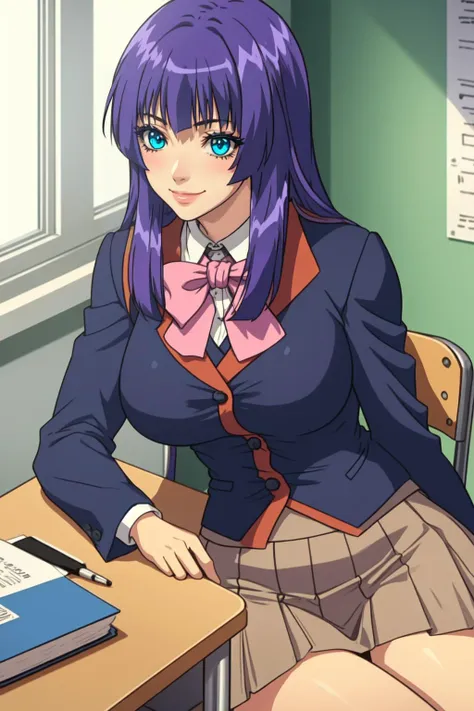 (high quality:1.2), detailed, shadows, cinematic lighting, digital art, anime coloring,
(Shion:1.1), 1girl, solo, lying, sitting on table, crossed legs, full body, close-up,
looking at viewer, determined, smile, blush,
purple hair, blue hair, long hair, blue eyes,
school uniform, shirt, blazer, pink bowtie, miniskirt, shoes,
large breasts, curvy,
indoors, school, window, day, sunlight, classroom,
<lora:Shion:0.9>