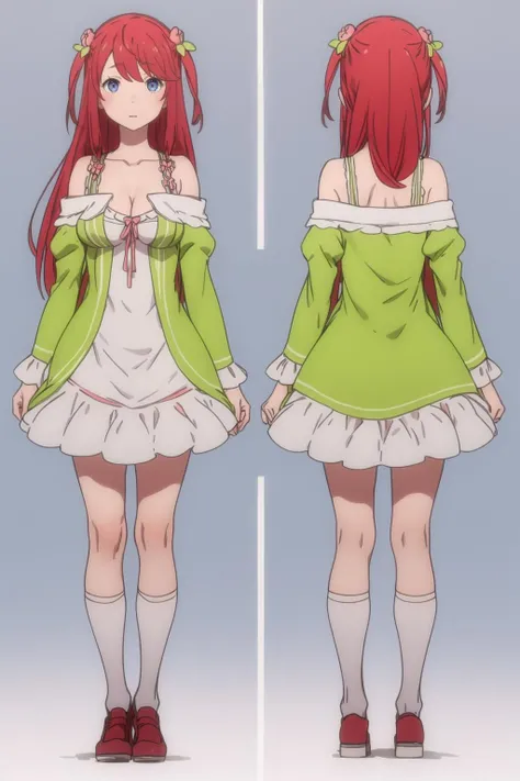 (multiple views:1.5),from behind,from_front,(blue background:1.3),(full body:1.4),arms at sides,<lora:add_detail:0.4>,<lora:colorful_V1_lbw:0.3>,
ç¹è¾è¥¿äºÂ·èÂ·é¿æ¯ç¹é·äº,solo,1girl,long hair,red hairhair flower,two side up,hair ornament,sidelocks,<lora:ç¹è¾è¥¿äºÂ·èÂ·é¿æ¯ç¹é·äº1V:0.7>,
å¥è£
ä¸,hair flower,two side up,hair ornament,green dress,pink bow,bare shoulders,sundress,frills,white dress,cleavage,large breasts,
white socks,red shoes,blue eyes,, Exquisite visuals, high-definition,masterpiece,best quality,, Exquisite visuals,high-definition,masterpiece,best quality,18yo,Young female,Beautiful Fingers,Beautiful long legs,Beautiful body,Beautiful character design,white panties,