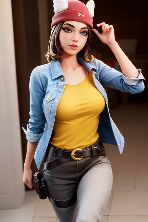 (realistic:1.5), <lora:Skye_75Koto_DB:0.5>, 1girl, xyzskye, 3d, render, red_headwear, red beanie, lips, ((big eyes)), looking at viewer, brown hair, beautiful face, alluring eyes, blue eyes, octane render, walking, yellow shirt, jacket, holster, boots, sidearm, black_legwear, pants, belt,