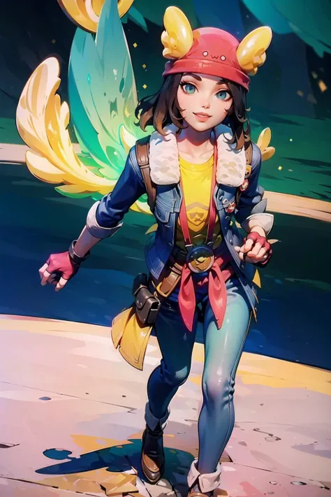 hyperdetailed, masterpiece, best quality, magical girl, 1girl, <lora:SkyeEXP:1>, xyzskye, young, space background, high detailed background, illustration, cinematic light, magic, aura, green beams, smile, happiness, colorful,full body,black hair,red hat,fingerless gloves,blue jacket,yellow shirt,belt,black jeans,casual clothes, from behind
