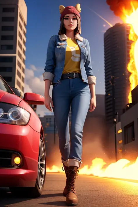 (realistic:1.5), <lora:Skye_75Koto_DB:0.5>, 1girl, xyzskye, 3d, render, red_headwear, red beanie, serious look, lips, (big eyes), looking away, brown hair, beautiful face, blue eyes, octane render, walking, yellow shirt, jacket, holster, boots, sidearm, black_legwear, pants, belt, explosion in the background, nuclear explosion, nuke, fire, city, car, holding a grenade