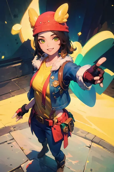 hyperdetailed, masterpiece, best quality, 1girl, selfie of skye <lora:SkyeEXP:0.7>, xyzskye, space background, high detailed background, illustration, cinematic light, magic, aura, green beams, smile, happiness, colorful,full body,black hair,red hat,fingerless gloves,blue jacket,yellow shirt,belt,black jeans, brown boots