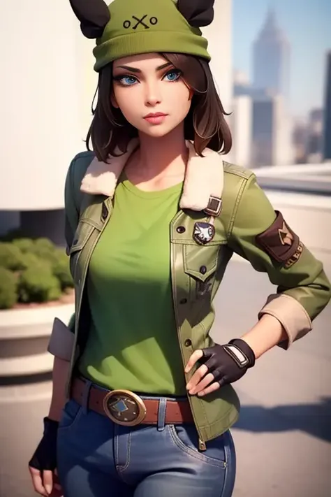 <lora:SkyeEXP:0.5>, xyzskye, skye, belt, tan jacket, green shirt, (green headwear), fingerless gloves, 3d, octane render, looking at viewer, blue eyes, brown hair, camo pants, makeup, mascara
