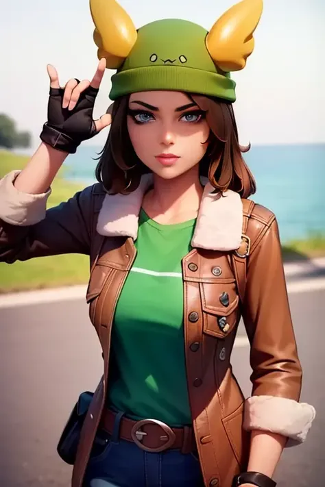 <lora:SkyeEXP:0.6>, xyzskye, skye, belt, tan jacket, green shirt, (green headwear), fingerless gloves, 3d, octane render, looking at viewer, blue eyes, brown hair, makeup, mascara, big eyes