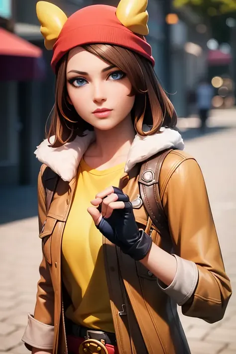 (realistic:1.5), <lora:SkyeEXP:0.5>, xyzskye, skye, belt, jacket, yellow shirt, red headwear, fingerless gloves, 3d, octane render, looking at viewer, blue eyes, brown hair