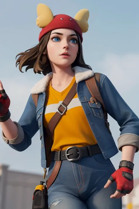 <lora:VRAMsSkye640:0.5>, xyzskye, 1girl, beautiful, portrait, masterpiece, 3d render, octane render, blue eyes, denim jacket, fluffy collar, brown hair, 3d model, action pose, red_headwear, (black pants), harness, belt, yellow shirt, fingerless gloves, white cuffs