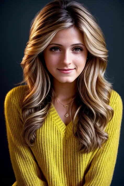 photo of beautiful (c4mer0ng00dm4n:0.99), a woman with perfect hair, wearing (yellow sweater:1.1), ((Clockpunk:1.1)), (plain blue background:1.1), modelshoot style, (extremely detailed CG unity 8k wallpaper), professional majestic photography, (smile), ((upper body)), (Nikon D3500 DSLR Camera), 24mm, exposure blend, hdr, faded, extremely intricate, High (Detail:1.1), Sharp focus, dramatic, soft cinematic light, (upper body), (looking at viewer), (detailed pupils), 4k textures, soft cinematic light, adobe lightroom, photolab, elegant, ((((cinematic look)))), soothing tones, insane details, hyperdetailed, low contrast