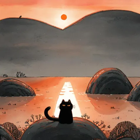 cat sit on middle, sunrise <lora:MattSchustyle:0.9> MattSchu