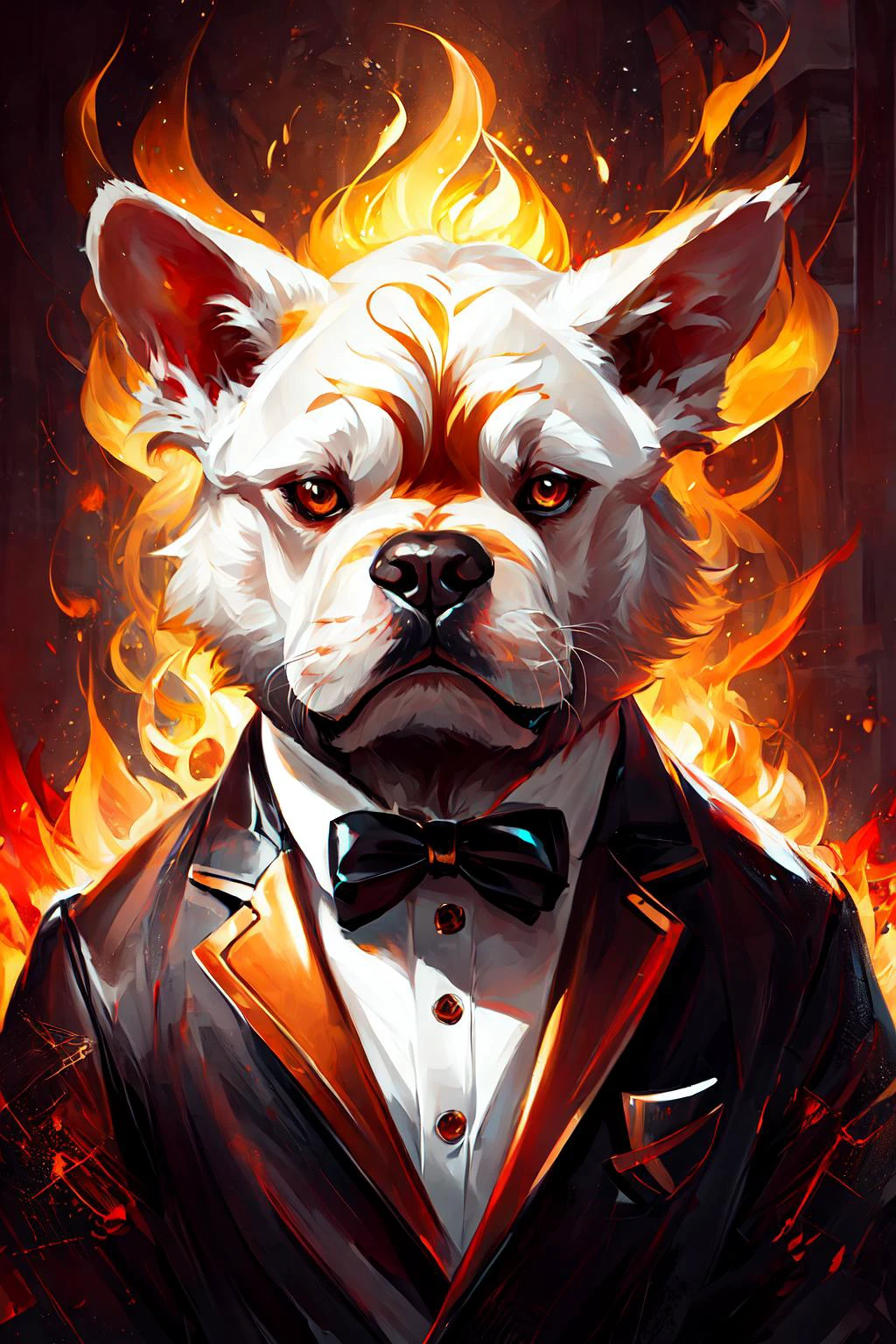 bulldog, animal, furry, upper body of a burning dog dressed in tuxedo, burning eyes, fire background, flames, fire magic, octane render, blender render, <lora:wufhoodLora_v10:1>