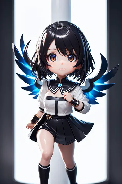 best quality photo portrait, (anime character solo figure:1.2) plastic gloss, (chibi :0.65), multicolored airy hair, (cleavage breasts, fat thigh:1.2), school uniform, (angel wings, cloak:0.8), (depth of field:1.1), refined rendering,contour deepening,soft light,light and dark interlaced, (white background:1.3), (Showcase pedestal:1.15)