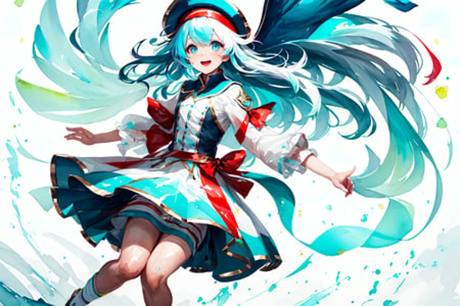 beautiful smily angel girl, (detailed multicolored silver angel wings:1.2), (detailed multicolored messy long white hair:1.25), floating lime hair, clear natural skin, detailed blue eyes, natural lip, windy, (large red ribbon headband:1.1), white beret with blue line, (National costume white robe:1.1), (arabesque pattern red skirt:1.1) (frill short skirt:1.0), fat thigh, white knee socks
BREAK white background, sky blue wind color, soft focus, (intense shadow, post process bloom:1.1), (watercolor painting:1.025), running