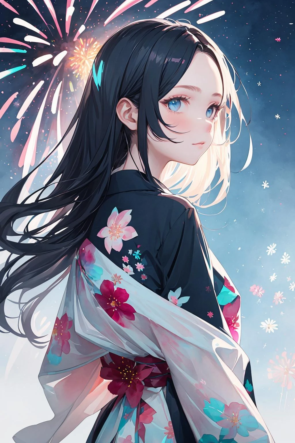 best quality (light pastel colored bleed watercolor illustration portrait:1.2) of (awesome beautiful Girl from side view:1.2), (undressing floral pattern kimono floating clothes:1.3). beautiful face, forehead, detailed blue eyes, pointy ears, (closed mouth:1.0), detailed long black hair.
BREAK masterpiece light chroma colored photo background (many shiny vivid multicolored glitter fireworks in sky high, festival finale:1.4) with (many finely glitter particles, reflect light:1.2) effected (post process bloom, soft focus, lens flare:1.1).