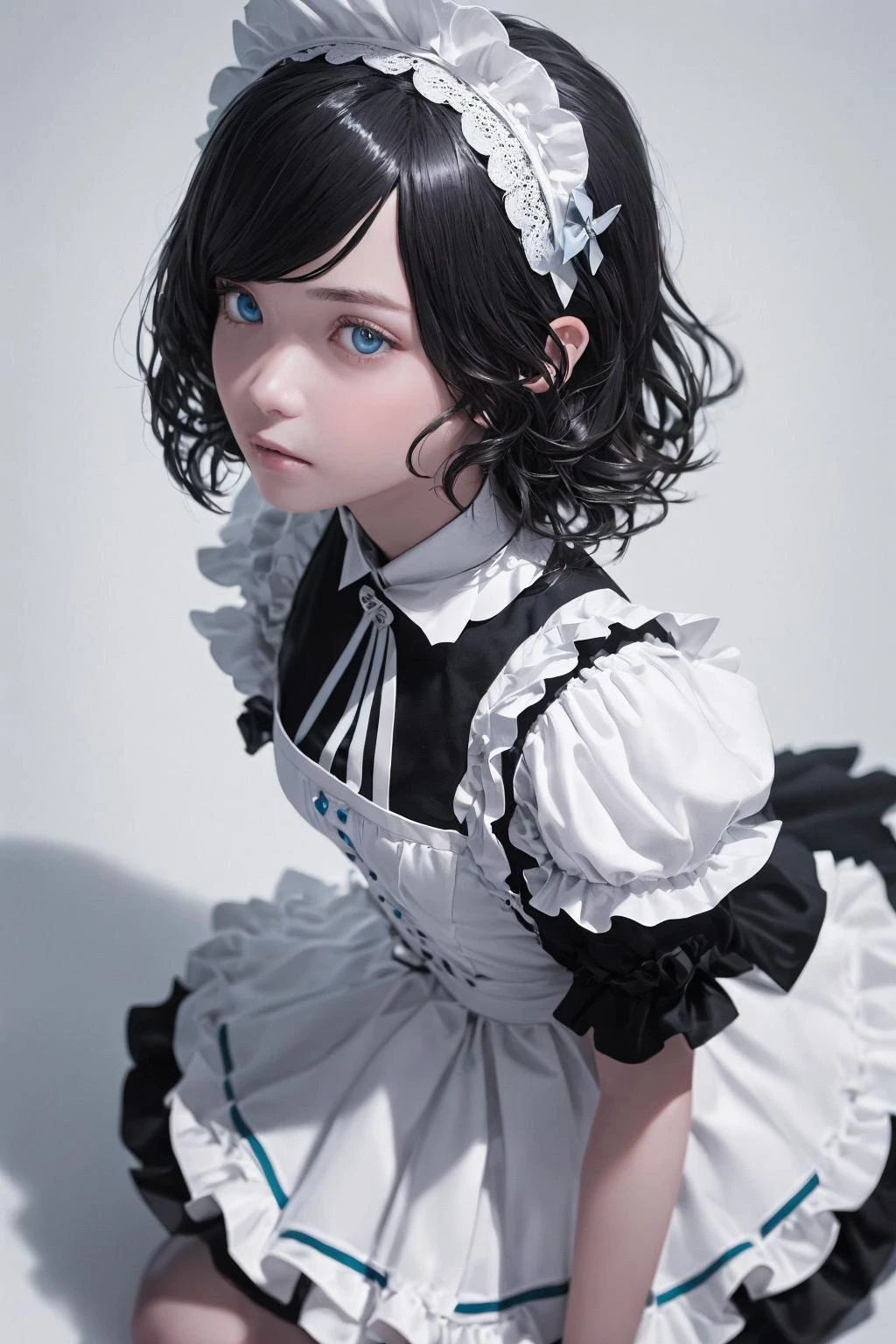 (masterpiece photo realistic portrait:1.5) of awesome beautiful girl kneeling from side, photo realistic ultra detailed black short hair, beautiful realistic skin kawaii face, detailed blue eyes, closed mouth. (layered maid uniform, waist apron:1.1) (short skirt:1.2). white background. (soft focus, post process bloom:1.2).
