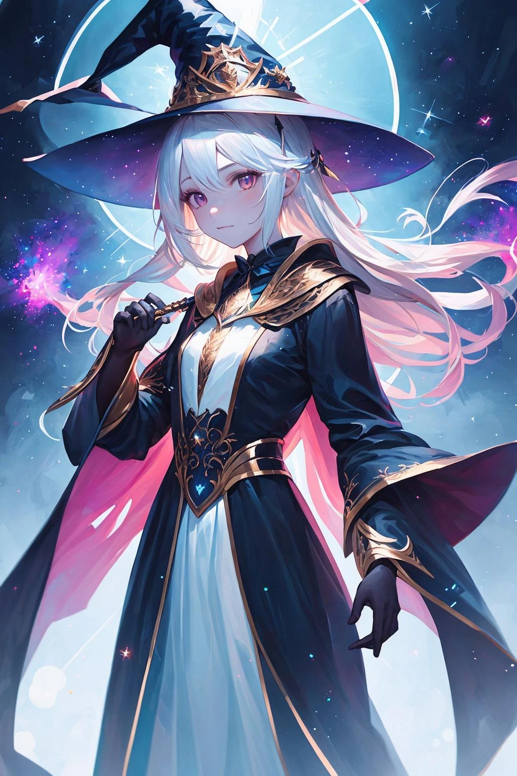 best quality (light colored detailed oil painting portrait:1.2) of (awesome beautiful witch girl casting magic power with aura:1.125). clear skin face, detailed eyes. long robe and cloak, large magical hat. (many finely glitter particles, reflect light:1.1) effected (post process bloom, soft focus, lens flare:1.0).