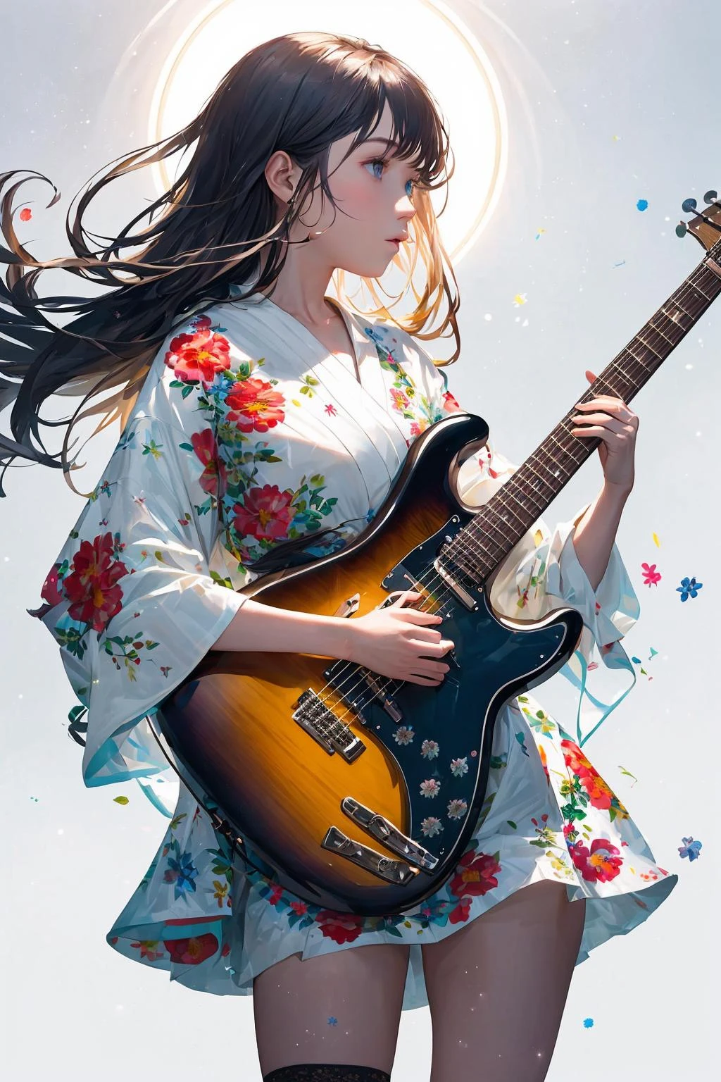 best quality (photo portrait real life:1.3) of awesome beautiful girl, (detailed long hair:1.25) floating, clear skin face, (detailed blue eyes:1.125), closed mouth, fat thigh. she is wearing (short white kimono printed floral pattern, short skirt:1.2), (black knee socks:1.1). she plays (pops japan, photo realistic guiter, music sounds:1.225). white background, (fine particle:1.2). effect (post process bloom:1.3) (soft focus:1.225) (lens flare:1.25).