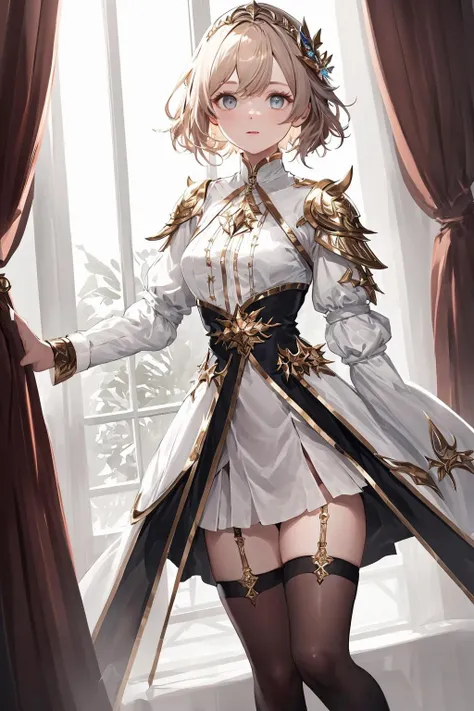 noble lady stanging, wearing white blouse, short skirt, black knee socks.