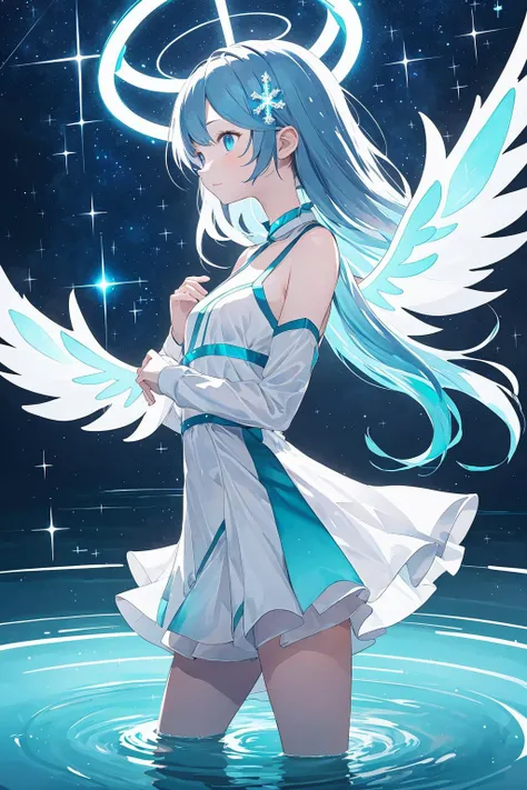 best quality (awesome beautiful girl:1.2) from side looking view, (detailed glowing blue eyes:1.1), (cross \(symbol\):1.25), detailed long hair, (white blouse:1.05), (layered neon colored short skirt:1.2), bare shoulder. (glowing angel feathers:1.125). shiny halo.
BREAK starry night background with nebula, (serene lake with water ripples circles, reflection:1.2), (many finely glitter particles, reflect light:1.2) effected (post process bloom, soft focus, lens flare:1.1). (bleed watercolor gradation effect:1.3)