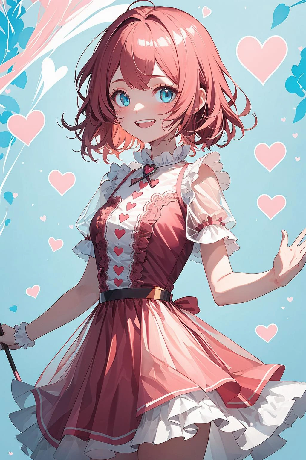 best quality (flat painting simple portrait:1.5) of awesome beautiful girl grin, detailed pink bob hair airy, clear skin face, detailed blue eyes, closed mouth. (layered sheer pink dress transparent, many layered short skirt frills:1.2). (many heart \(symbol\):1.25) pattern background.