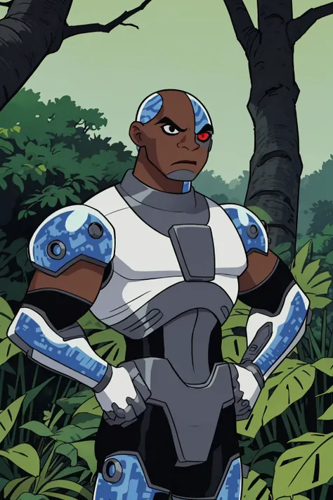 masterpiece, best quality, 1boy, victorcyborg, dark skin, armor, bald, clenched hands, gloves,  hands on hips, solo, trees, jungle background <lora:CyborgTT:1>