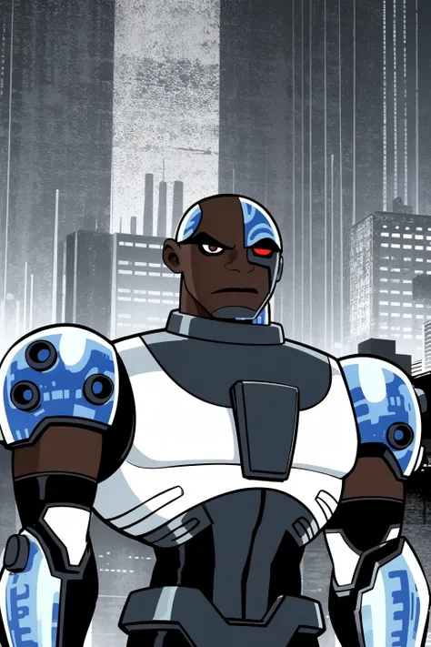 masterpiece, best quality, 1boy, victorcyborg, dark skin, armor, bald, upper body, looking at viewer, cyberpunk, solo, neon light, night, cyberpunk city background <lora:CyborgTT:1>