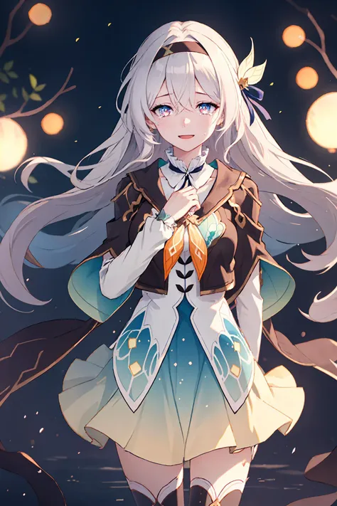 1girl, firefly \(honkai: star rail\), solo, black thighhighs, hairband, gradient skirt, hair ornament, blouse, frilled collar, cropped jacket, yellow neckerchief, cowboy shot, standing, smile, floating hair,  depth of field, hands on own chest, crying with eyes open, bokeh, fireflies, night