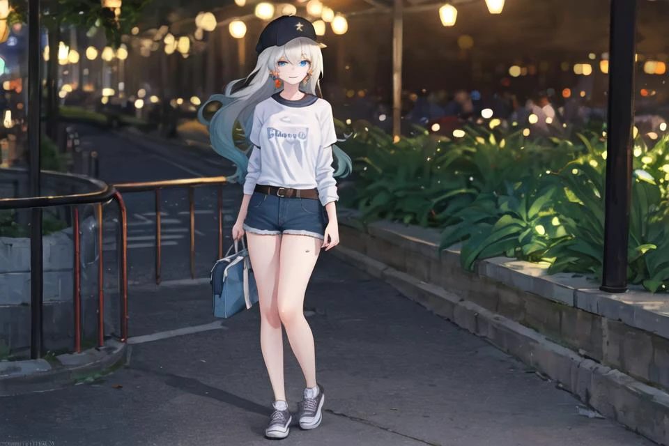 1girl, firefly \(honkai: star rail\), solo, jewelry, earrings, shorts,hat, hoop earrings,green shorts, bag, smile, baseball cap, white sneakers, shirt, looking at viewer, full body, belt, white shirt, standing, long sleeves, full body, standing, street, night, bokeh, market, looking at viewer,masterpiec<lora:Char-HonkaiSR-Firefly-V1:1>