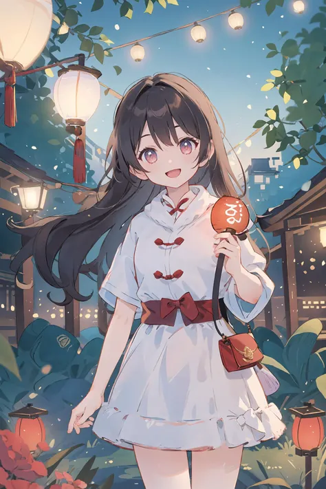 1girl, solo, Chinese New Year Poster, New Year's greetings scene, draw a modern illustration scene, red lanterns hanging on the houses and Chinese couplets, a beautiful asian city scene full of lanterns and lights, playful cartoonish scenes, ligtt white and light crimson, smile,looking at viewer, cowboy shot, depth of field, <lora:Char-HonkaiSR-Firefly-V1:1>