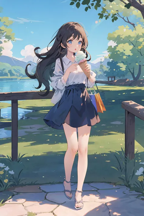 1girl, solo, Shopping at West Lake,eat ice cream, full body, facing the morning light, blue skies and sunshine, french fashion illustration,<lora:Char-HonkaiSR-Firefly-V1:1>