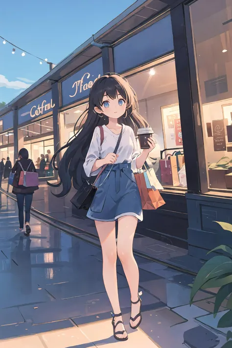 1girl, solo, shop in the mall, fashionable clothing, in the street carrying coffee, full body , facing the morning light, blue skies and sunshine, shopping with shopping bags, french fashion illustration,<lora:Char-HonkaiSR-Firefly-V1:1>
