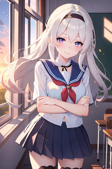 1girl, firefly \(honkai: star rail\), hairband, classroom, serafuku, sailor collar, pleated skirt, thighhighs, sunset, blush, cowboy shot, looking at viewer, facing viewer, light smile, sunset, window, backlighting, depth of field