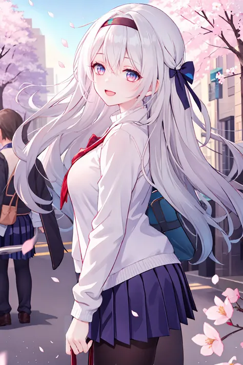 1girl, firefly \(honkai: star rail\), hairband, solo, school uniform, white shirt, sweater, pleated skirt, pantyhose, light smile, double v, looking at viewer, smile, open mouth, outdoors, street, cherry blossoms, petals, depth of field