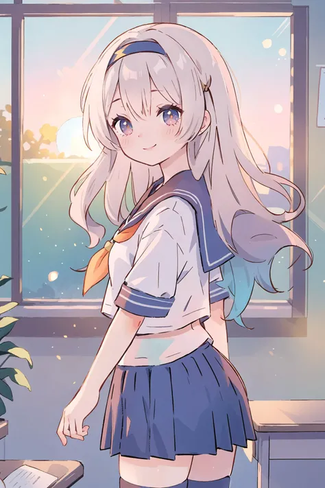 1girl, firefly \(honkai: star rail\), hairband, classroom, serafuku, sailor collar, pleated skirt, thighhighs, sunset, blush, cowboy shot, looking at viewer, facing viewer, light smile, sunset, window, backlighting, depth of field, masterpiece