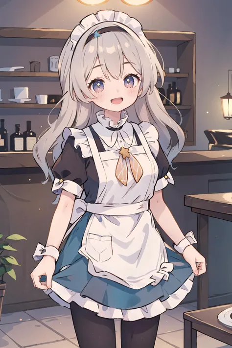 1girl, firefly \(honkai: star rail\), hairband, solo, maid, maid headdress, maid apron, embarrassed, pantyhose, open mouth, blush, smile, open mouth, holding plate, looking at viewer, cowboy shot, bar \(place\), indoors, depth of field, masterpiece