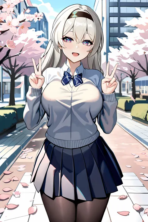 1girl, firefly \(honkai: star rail\), hairband, solo, school uniform, white shirt, sweater, pleated skirt, pantyhose, light smile, double v, looking at viewer, smile, open mouth, outdoors, street, cherry blossoms, petals, depth of field , masterpiece, best quality, high quality, highres, ultra-detailed, <lora:Char-HonkaiSR-Firefly-XL-V1:0.9>