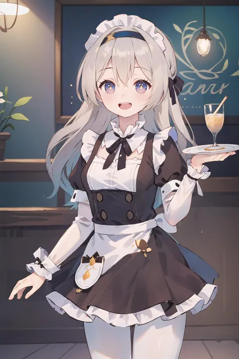 1girl, firefly \(honkai: star rail\), hairband, solo, maid, maid headdress, maid apron, smile, pantyhose, open mouth, blush, smile, open mouth, holding plate, looking at viewer, cowboy shot, bar \(place\), indoors, depth of field, masterpiece