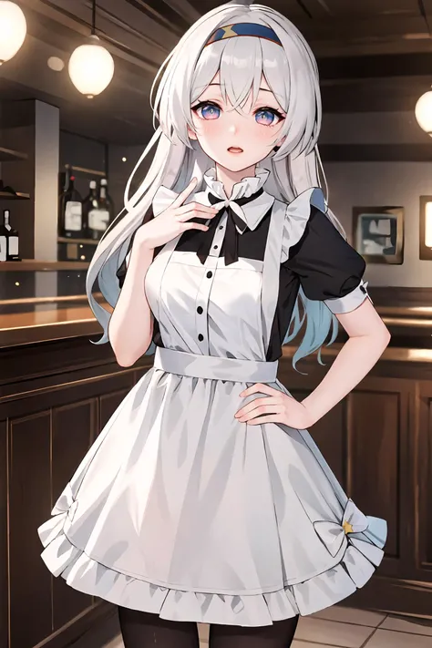 1girl, firefly \(honkai: star rail\), hairband, solo, maid, maid headdress, maid apron, embarrassed, pantyhose, open mouth, blush, parted lips, looking at viewer, cowboy shot, bar \(place\), indoors, depth of field, masterpiece