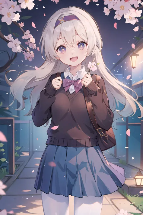 1girl, firefly \(honkai: star rail\), hairband, solo, school uniform, white shirt, sweater, pleated skirt, pantyhose, light smile, double v, looking at viewer, smile, open mouth, outdoors, street, cherry blossoms, petals, depth of field, masterpiece