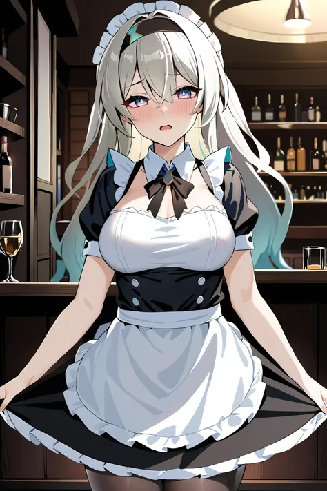 1girl, firefly \(honkai: star rail\), hairband, solo, maid, maid headdress, maid apron, embarrassed, pantyhose, open mouth, blush, parted lips, looking at viewer, cowboy shot, bar \(place\), indoors, depth of field , masterpiece, best quality, high quality, highres, ultra-detailed, <lora:Char-HonkaiSR-Firefly-XL-V1:0.9>