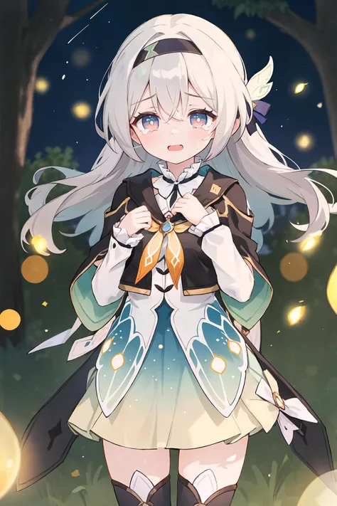 1girl, firefly \(honkai: star rail\), solo, black thighhighs, hairband, gradient skirt, hair ornament, blouse, frilled collar, cropped jacket, yellow neckerchief, cowboy shot, standing, floating hair,  depth of field, hands on own chest, crying with eyes open, light smile, bokeh, fireflies, night